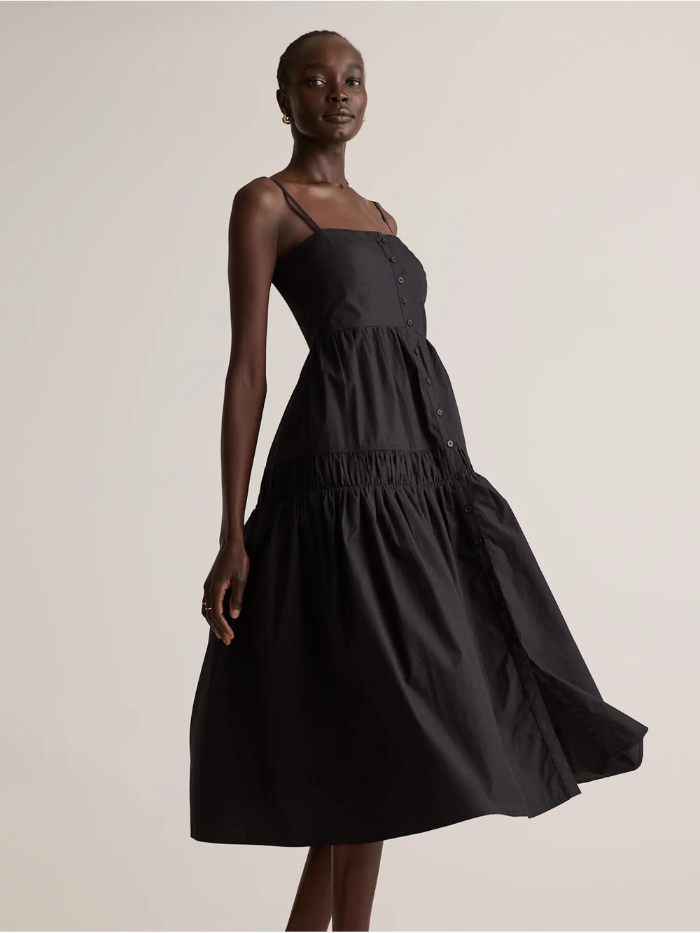 QUINCE • 100% Organic Cotton Poplin Spaghetti Strap Maxi Dress black XS
